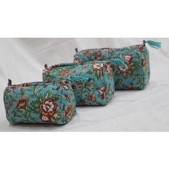 Green Hand Block Floral Print Quilted Toiletry Bag Set Chhipa-34