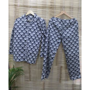 Hand Printed Cotton Pajama Set Women Night Wear Dress Chhipa-37