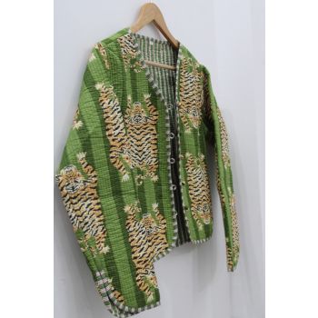 Cotton Quilted Tiger Print Green Jacket Chhipa-25