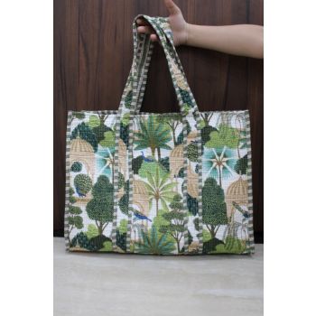 Peacock print cotton quilted white tote bag chhipa-20