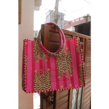 Pink tiger print hand tote bag women cotton bags Chhipa-46