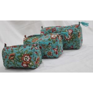 Green Hand Block Floral Print Quilted Toiletry Bag Set Chhipa-34