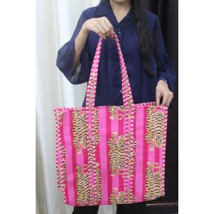 Cotton Quilted Tiger Print Hand Tote Bag Chhipa-17