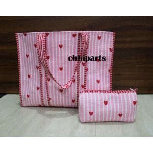 Quilted Cosmetic Bag With Tote Bag Pink in Heart Print Chhipa-89