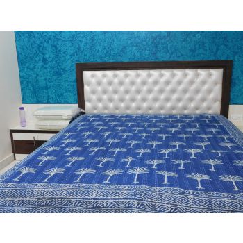 Indigo Blue Palm Kantha Quilt Queen/Twin Size