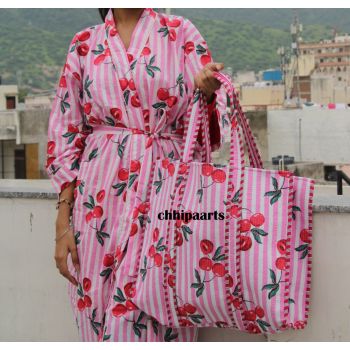 Cotton Kimono With Quilted Tote Bag Pink Cherry Chhipa-150
