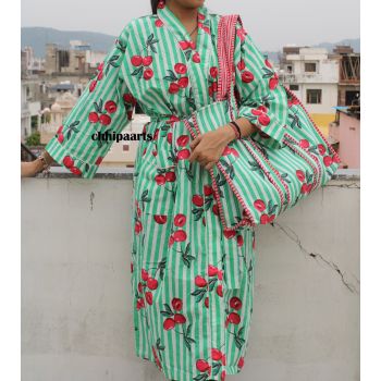 Green Cherry Cotton Kimono With Shopping Tote Bag Chhipa-151