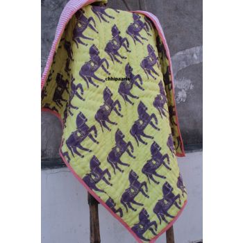 Horse Print Cotton Kantha Stitched Yellow Blanket Chhipa-173