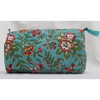 Green Hand Block Floral Print Quilted Small Toiletry Bag Chhipa-34