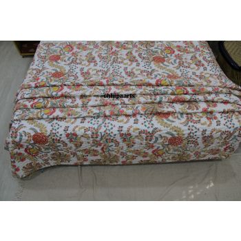 Hand Print Cotton Kantha Stitched Floral Quilt Chhipa-106