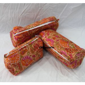 Orange Floral Cotton Quilted Pouch Set Women Gift Chhipa-156