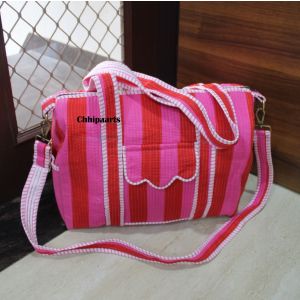 Red with Pink Stripe Quilted Cotton Duffle Tote Bag Chhipa-121