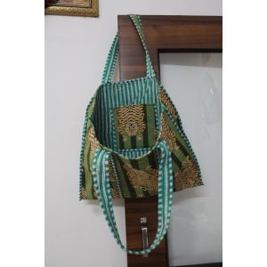 Green Quilted Tiger Print Indian Tote Bag Chhipa-19